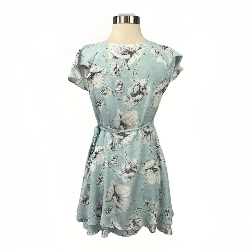 Free People French Quarter Wrap Dress Sz Small Blue White Floral Ruffle Mini